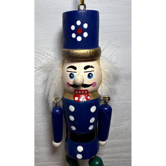 Vintage Wooden Nutcracker Soldier Ornament With White Hair & Blue Uniform 6" - Picture 2 of 6